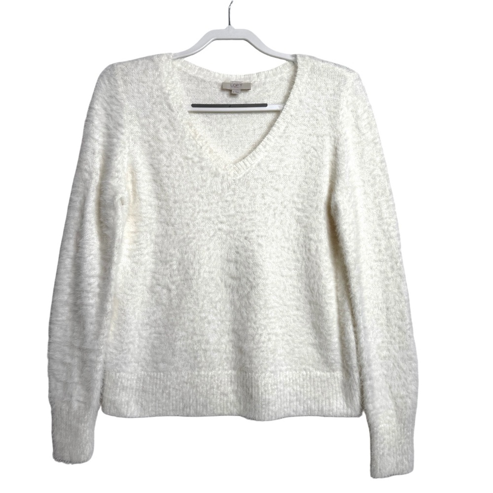 LOFT Fuzzy V-Neck Sweater White Women's Sz M